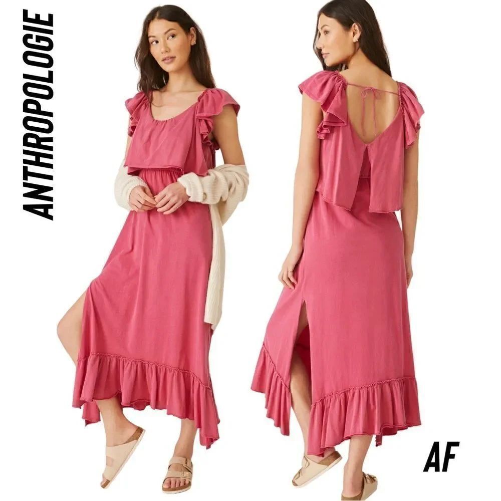 DAILY PRACTICE BY ANTHROPOLOGIE RUFFLED MIDI DRESS IN PINK NWT SMALL